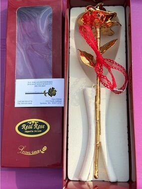 Real Rose 24K Gold Dipped Decorative Rose with Red Ribbon